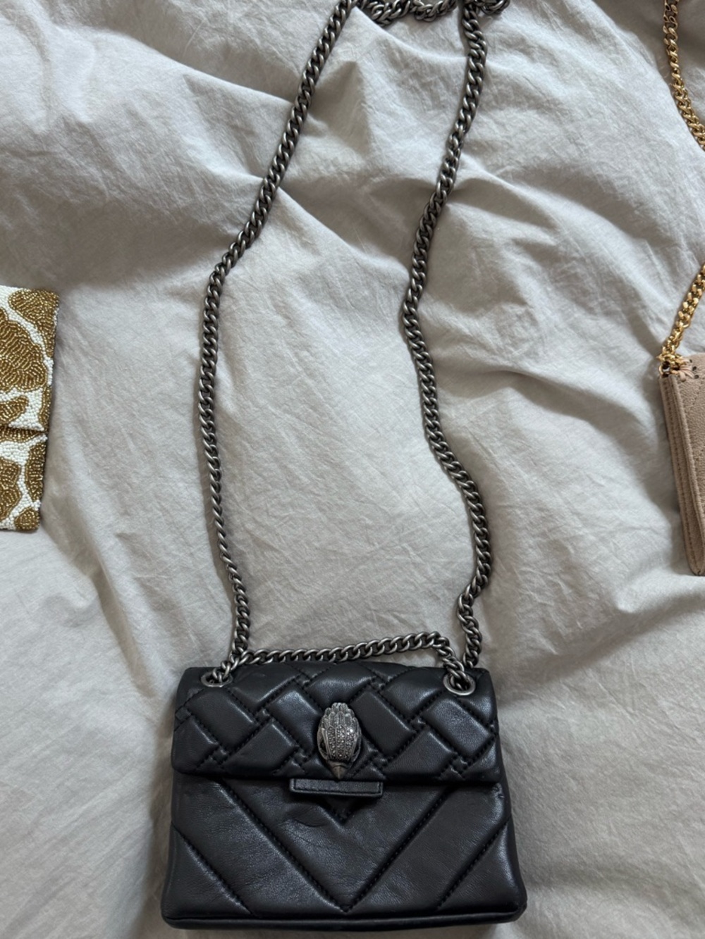Kurt Geiger Black Quilted Leather Crossbody with Silver Chain